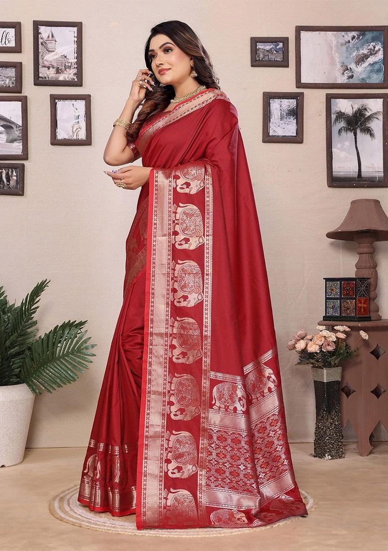 Red Zari Printed Blended Saree Set - Indya