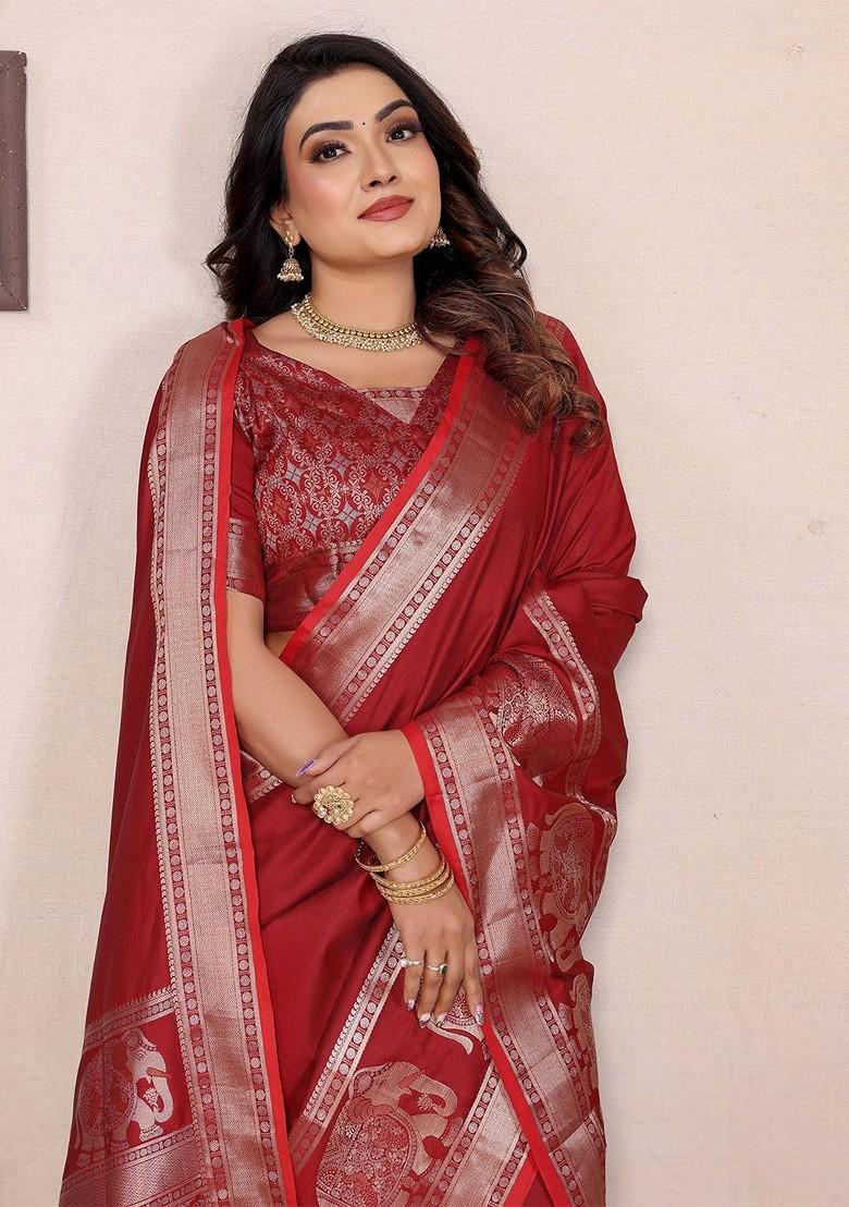 Red Zari Printed Blended Saree Set - Indya