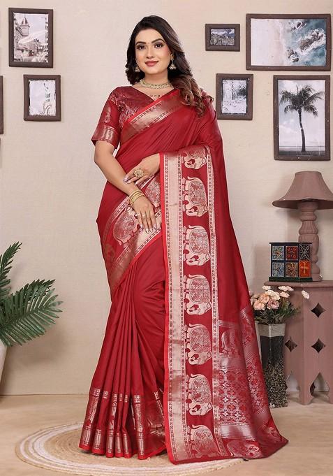Red Zari Printed Blended Saree Set