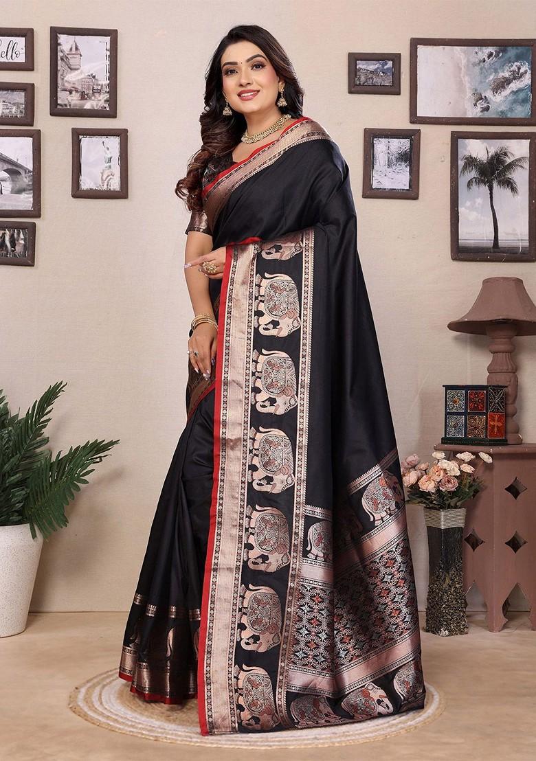 Black Zari Printed Blended Saree Set - Indya