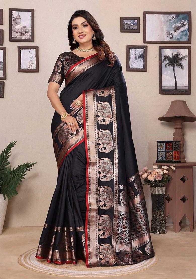 Black Zari Printed Blended Saree Set - Indya