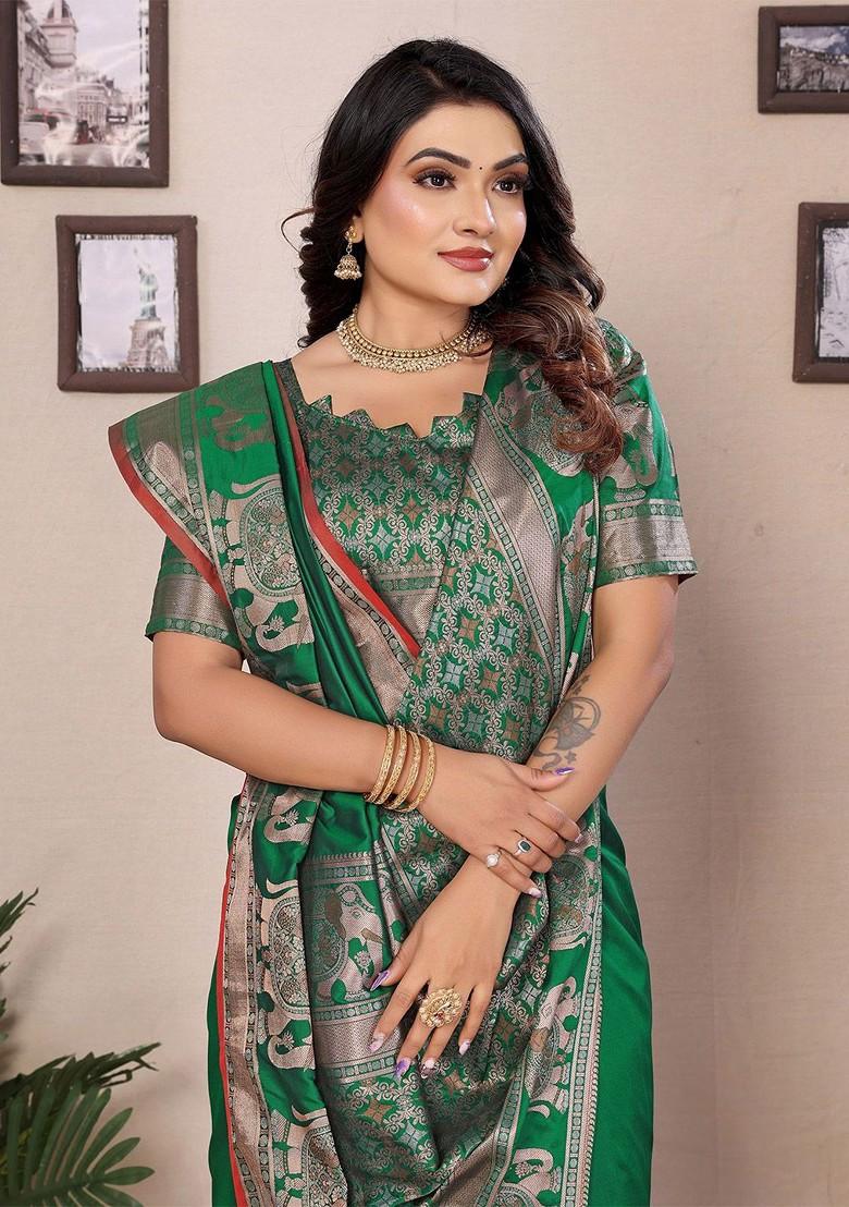 Green Zari Printed Blended Saree Set - Indya