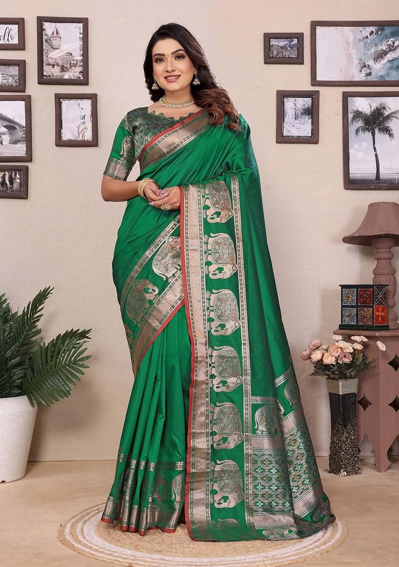 Green Zari Printed Blended Saree Set - Indya