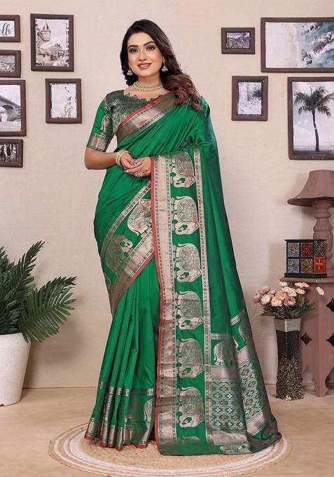 Green Zari Printed Blended Saree Set