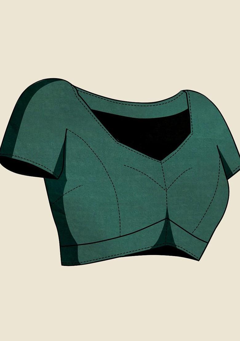 Green Zari Printed Blended Saree Set - Indya