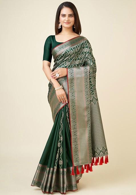 Green Zari Printed Blended Saree Set