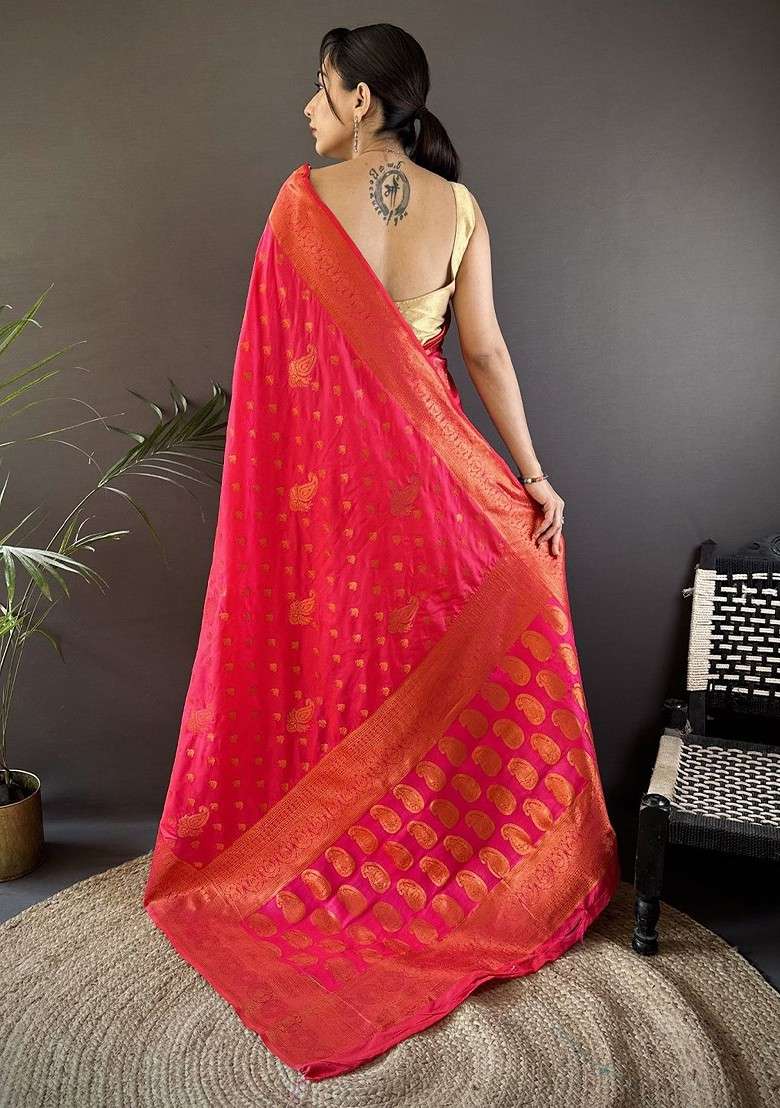 Pink Zari Blended Saree Set with Printed for Diwali | Wedding & Festive Wear - Indya