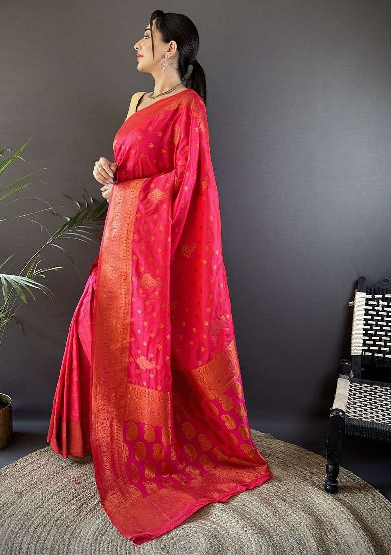 Pink Zari Blended Saree Set with Printed for Diwali | Wedding & Festive Wear - Indya