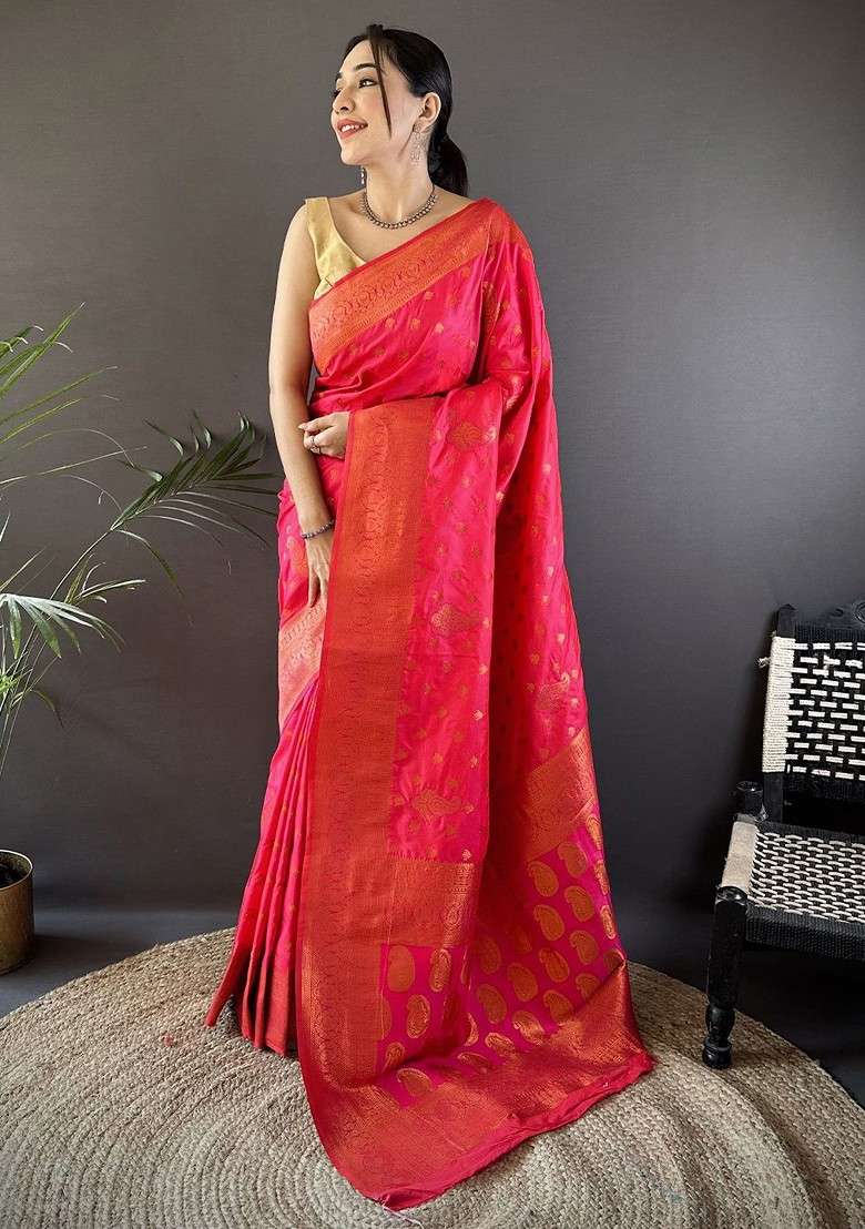Pink Zari Blended Saree Set with Printed for Diwali | Wedding & Festive Wear - Indya