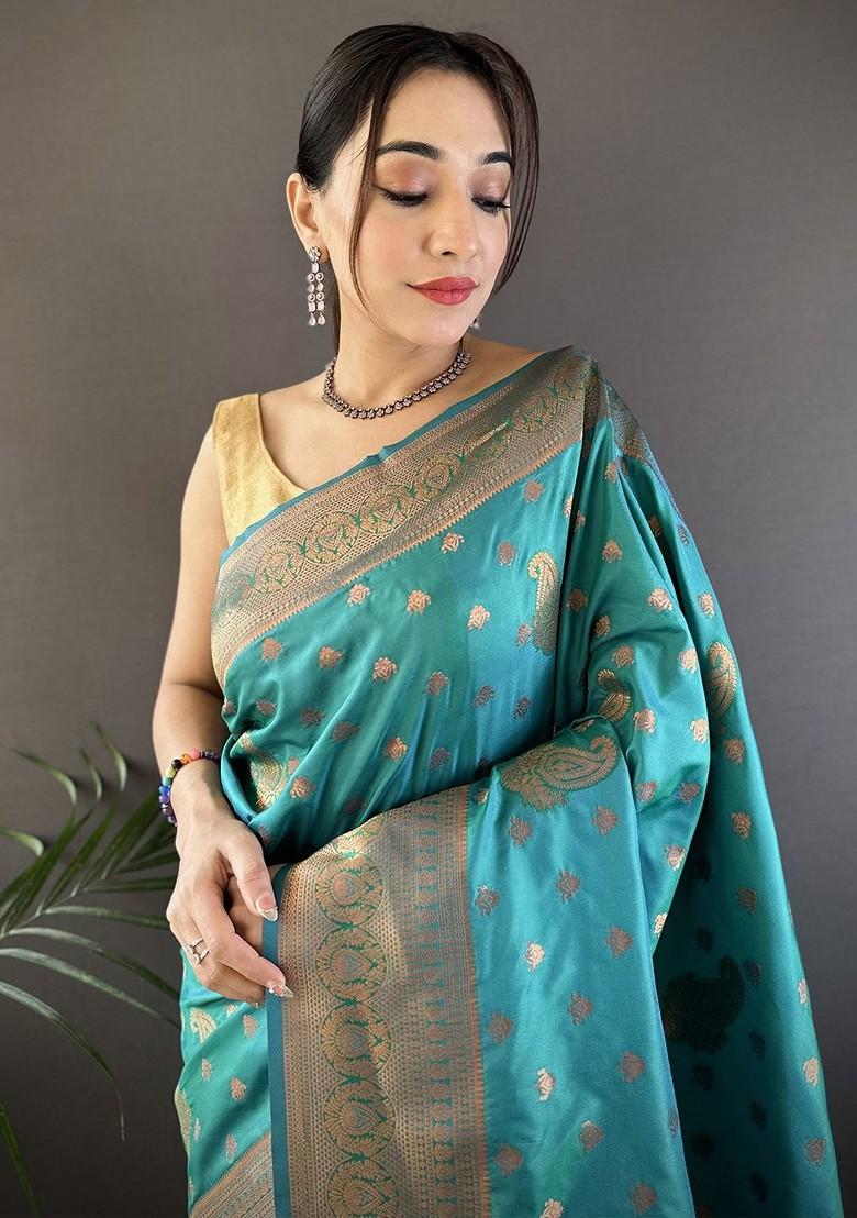 Teal Zari Printed Blended Saree Set - Indya