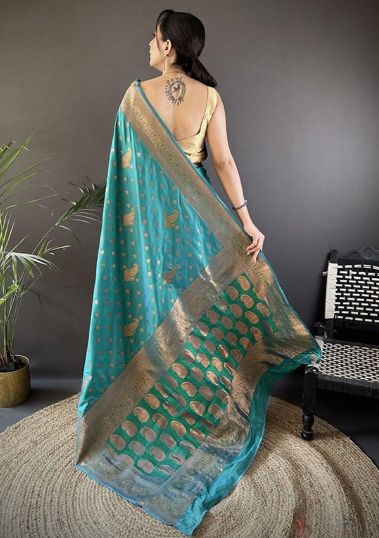 Teal Zari Printed Blended Saree Set - Indya