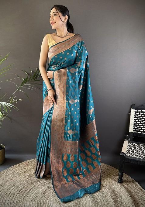 Blue Zari Printed Blended Saree Set