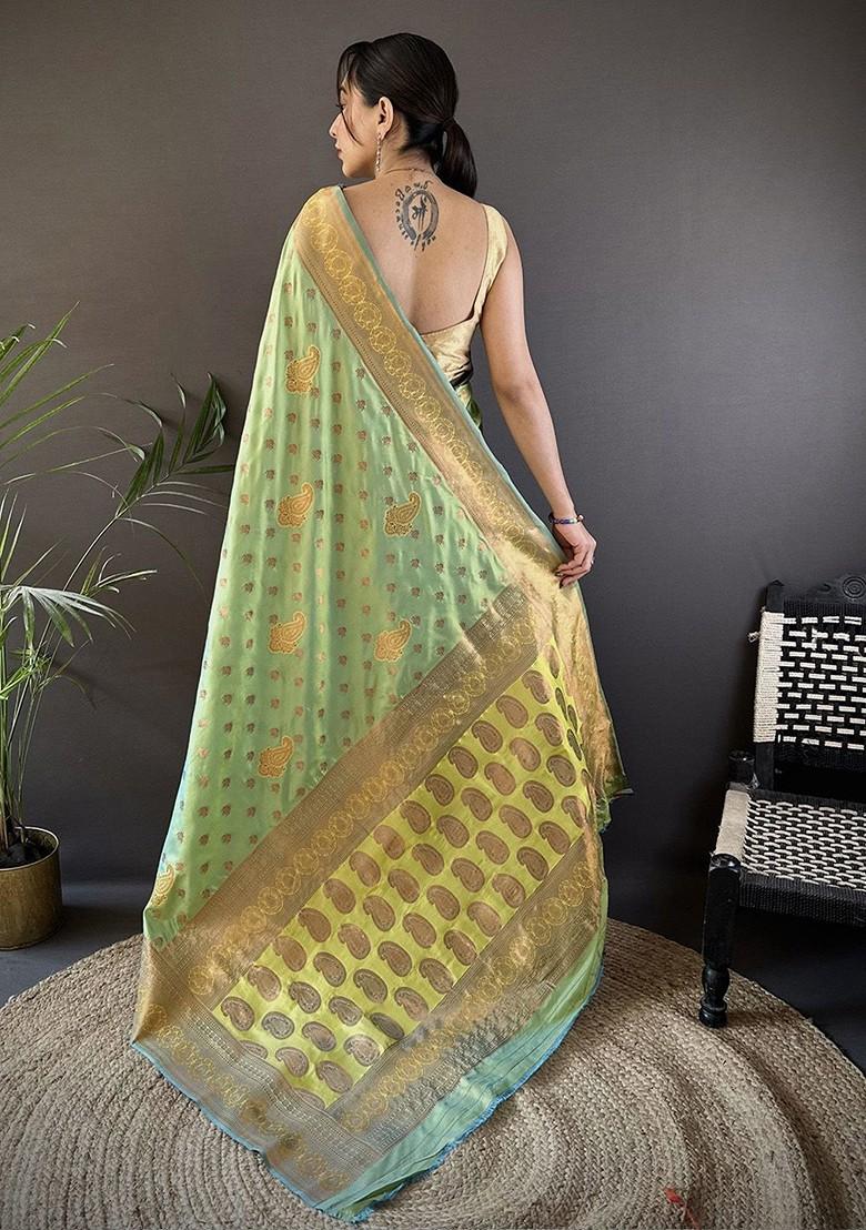 Green Zari Printed Blended Saree Set - Indya