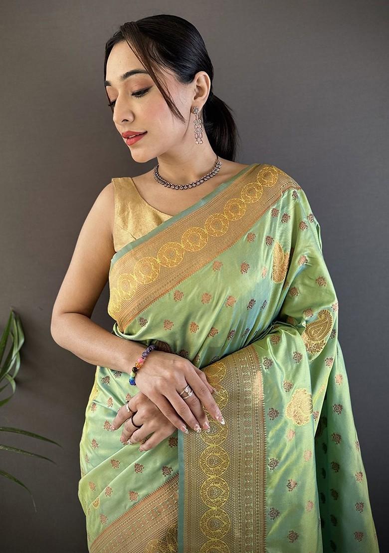 Green Zari Printed Blended Saree Set - Indya