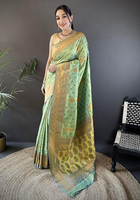 Green Zari Printed Blended Saree Set
