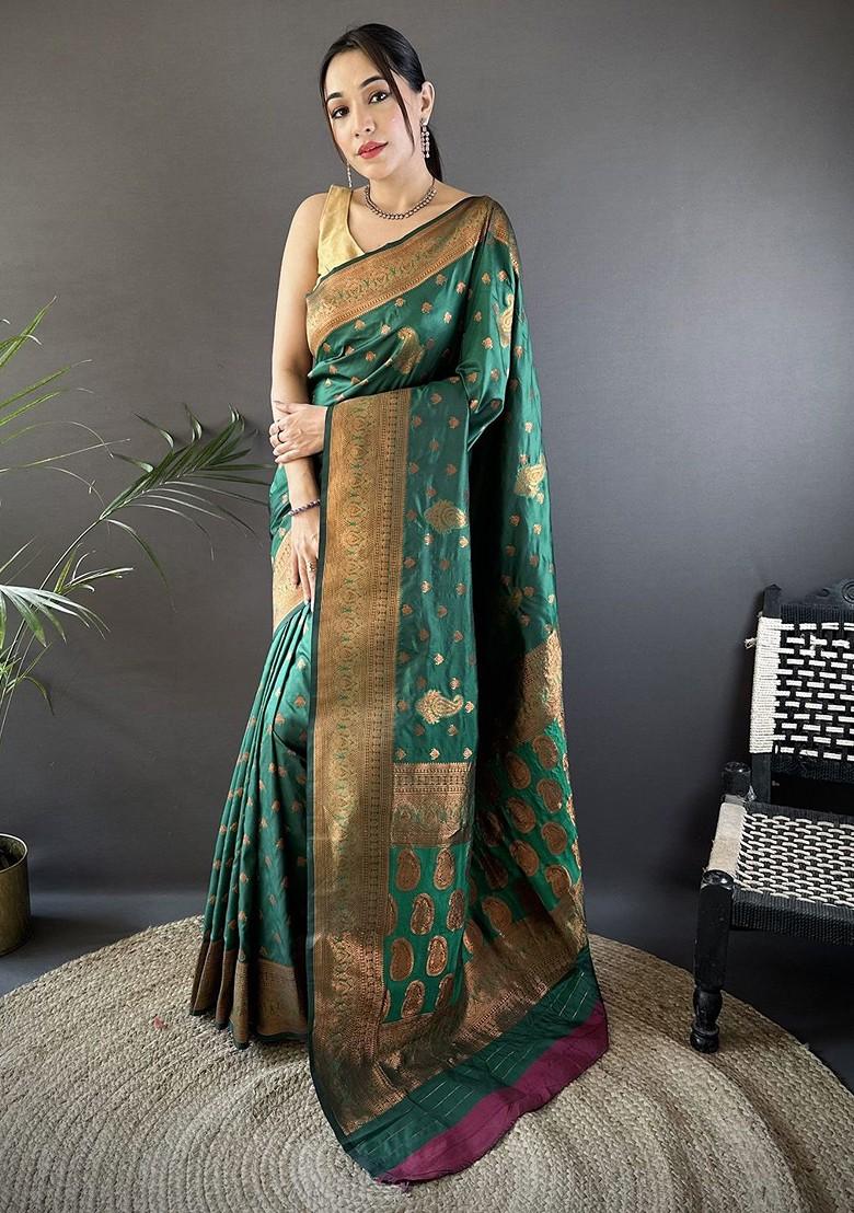 Green Zari Printed Blended Saree Set - Indya