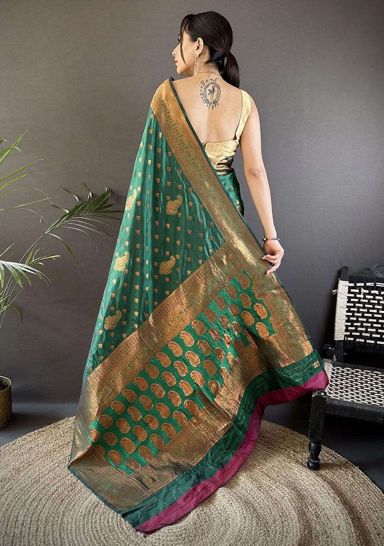 Green Zari Printed Blended Saree Set - Indya