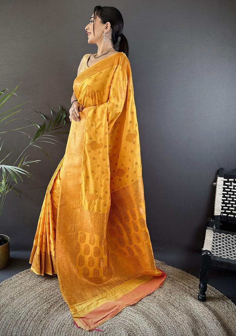 Yellow Zari Printed Blended Saree Set - Indya