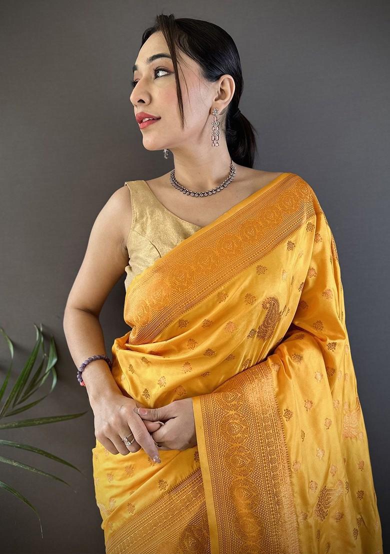 Yellow Zari Printed Blended Saree Set - Indya