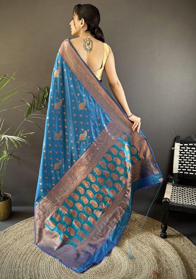 Blue Zari Printed Blended Saree Set - Indya
