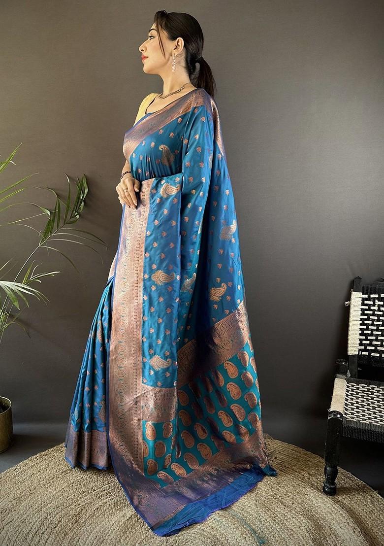 Blue Zari Printed Blended Saree Set - Indya
