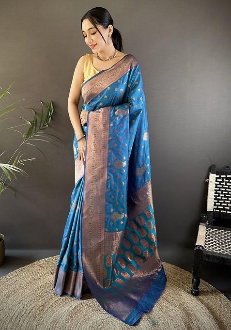 Blue Zari Printed Blended Saree Set