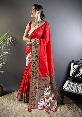 Red Zari Printed Blended Saree Set