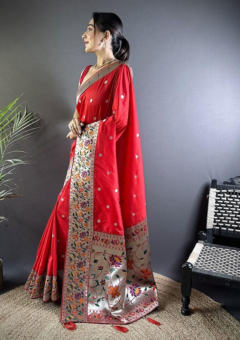 Red Zari Printed Blended Saree Set - Indya