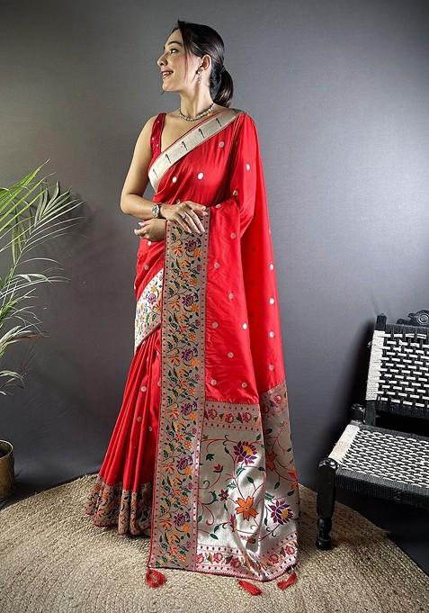Red Zari Printed Blended Saree Set