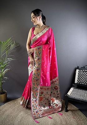 Pink Zari Printed Blended Saree Set