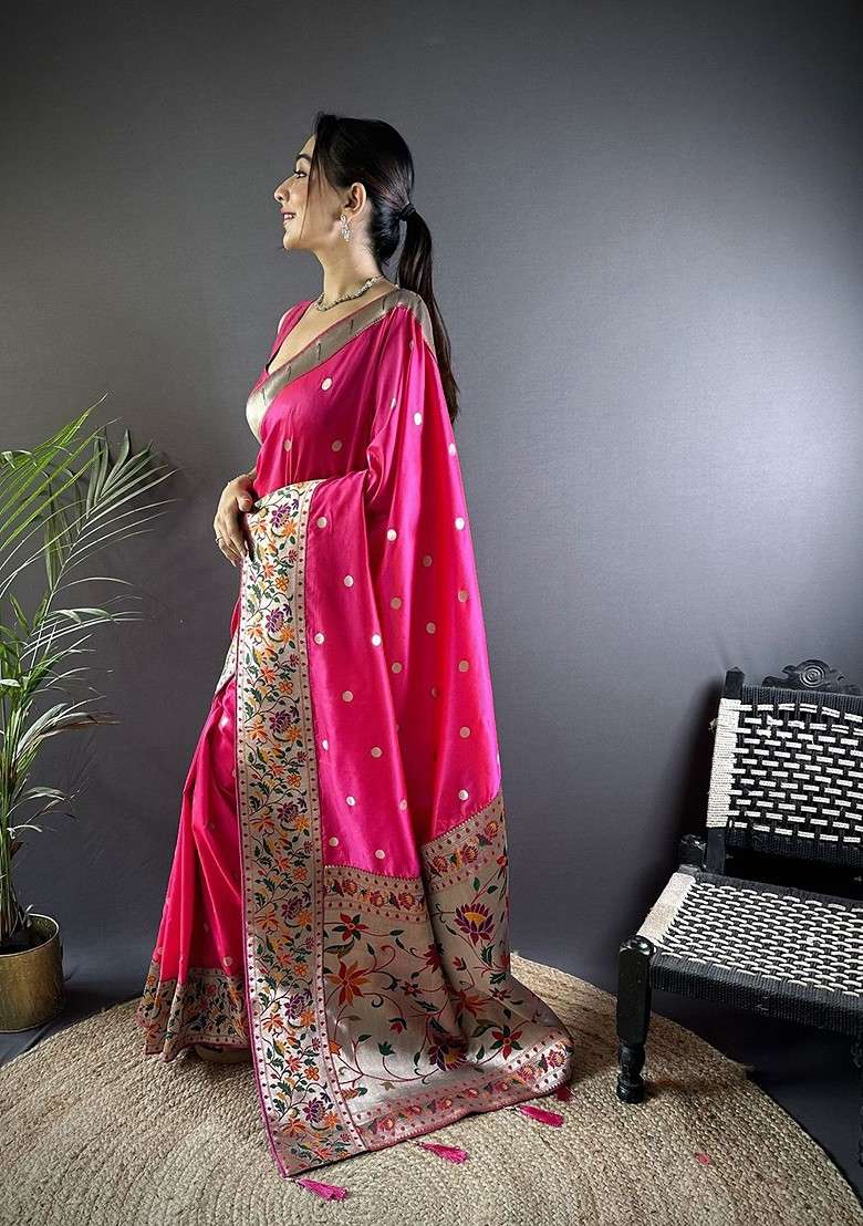 Pink Zari Blended Saree Set with Printed for Diwali | Wedding & Festive Wear - Indya