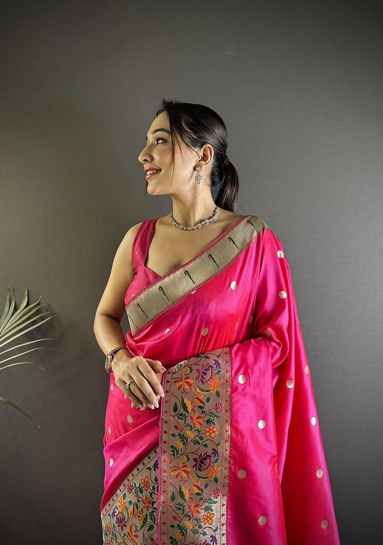 Pink Zari Printed Blended Saree Set - Indya