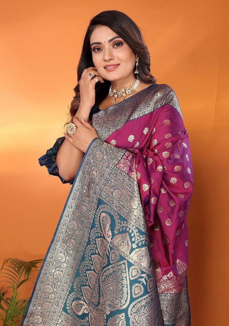 Burgundy Zari Printed Blended Saree Set - Indya