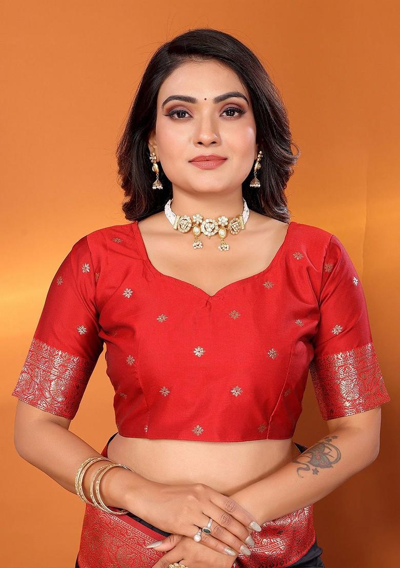 Black Zari Printed Blended Saree Set - Indya