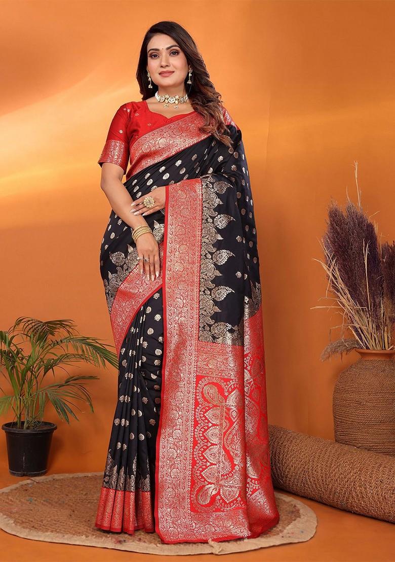Black Zari Printed Blended Saree Set - Indya