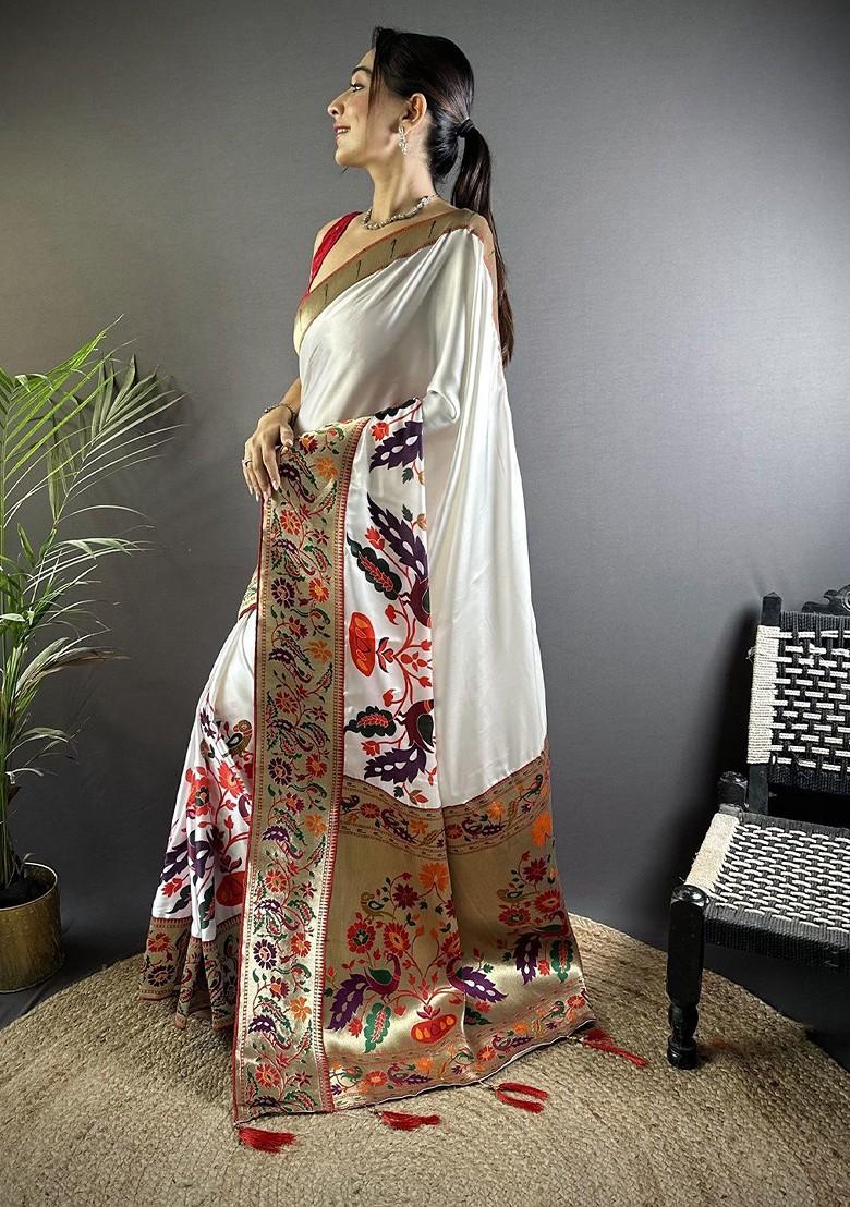 White Zari Printed Blended Saree Set - Indya