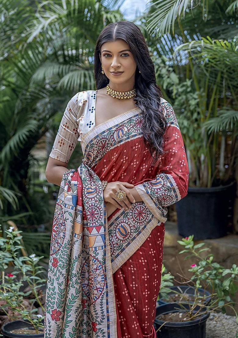 Maroon Embroidered Blended Saree Set - Indya