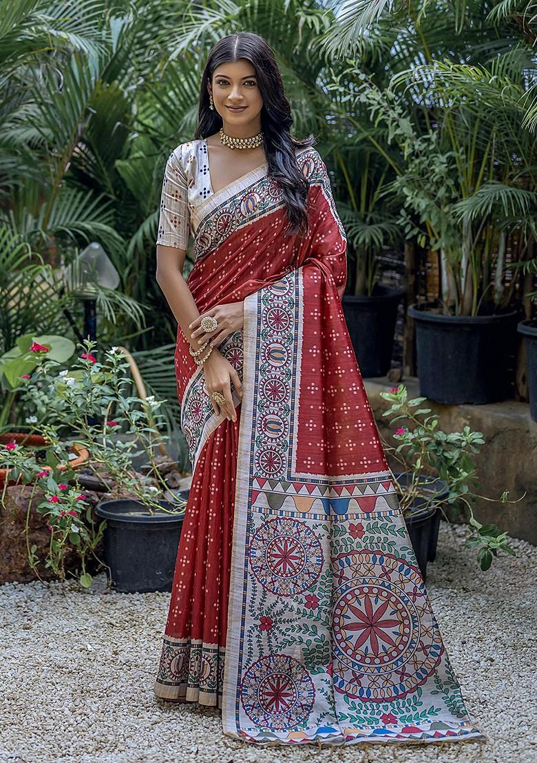 Maroon Embroidered Blended Saree Set - Indya