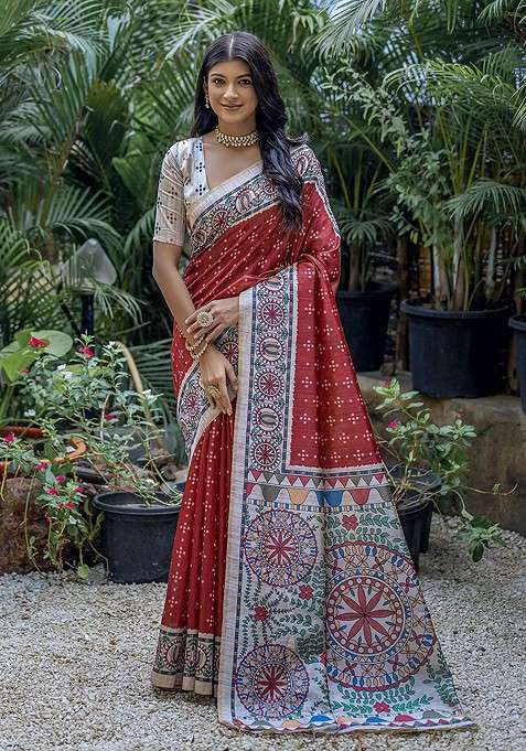 Maroon Blended Saree Set with Embroidered for Diwali | Wedding & Festive Wear