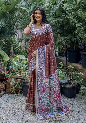 Brown Embroidered Blended Saree Set