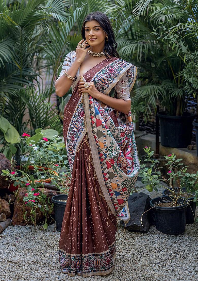 Brown Embroidered Blended Saree Set - Indya