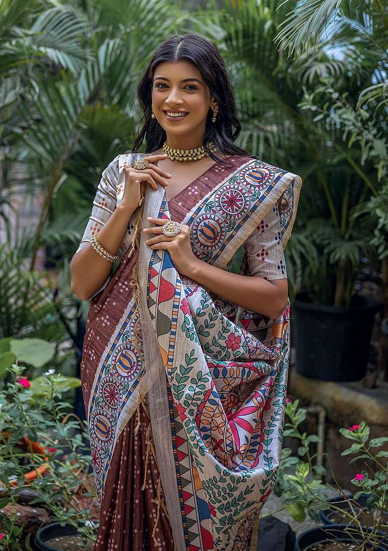 Brown Blended Saree Set with Embroidered for Diwali | Wedding & Festive Wear - Indya