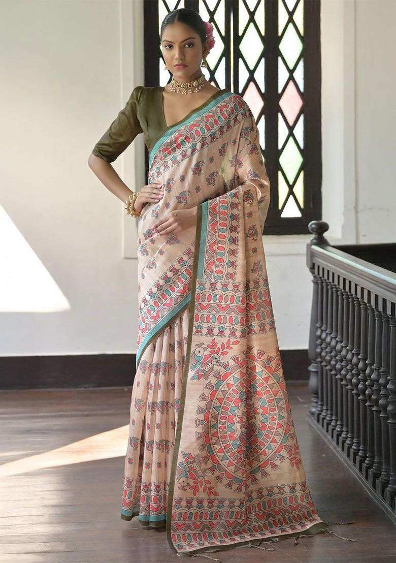 Olive Embroidered Blended Saree Set - Indya