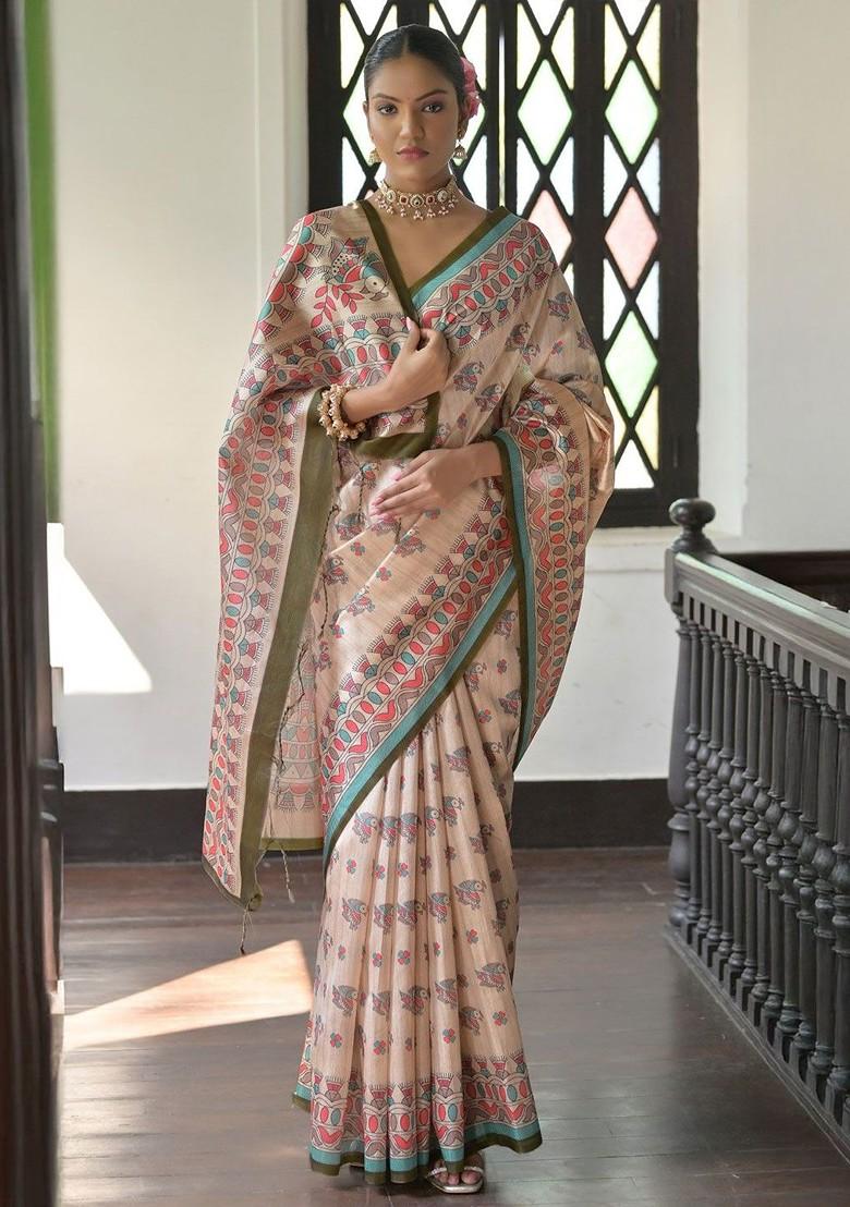 Olive Embroidered Blended Saree Set - Indya