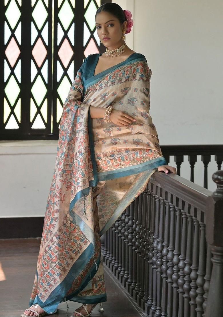 Teal Embroidered Blended Saree Set - Indya