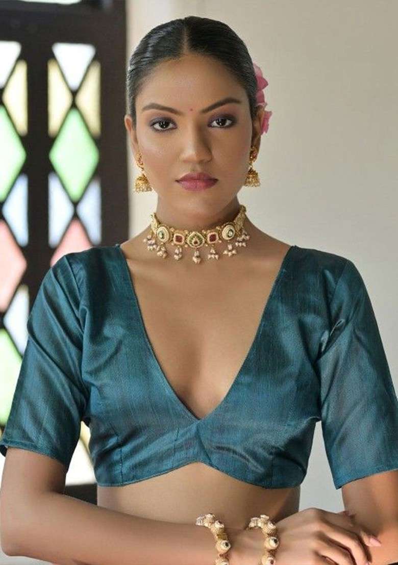 Teal Embroidered Blended Saree Set for Diwali and Festive Wear - Indya