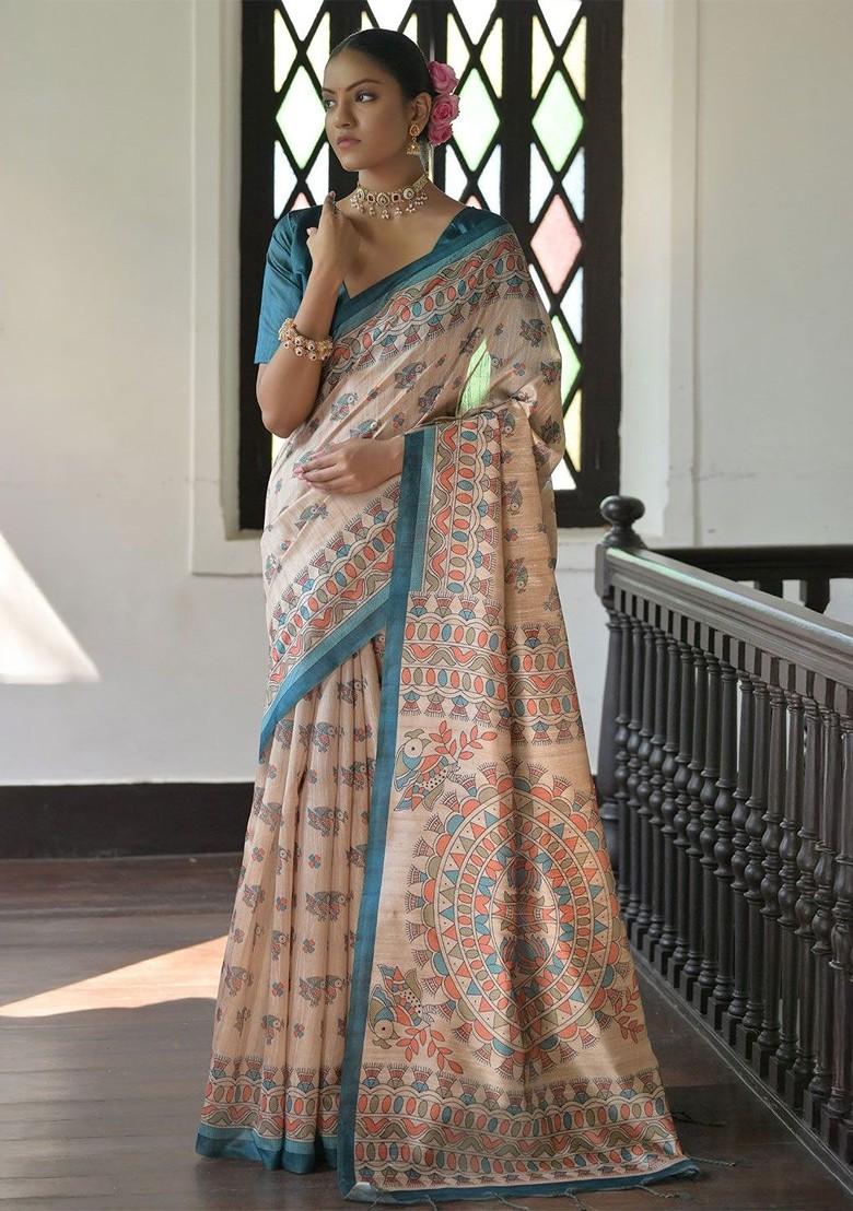 Teal Embroidered Blended Saree Set - Indya