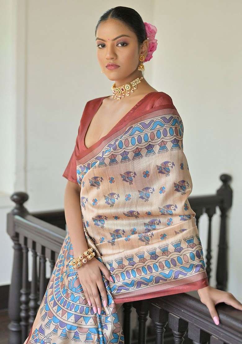 Maroon Blended Saree Set with Embroidered for Diwali | Wedding & Festive Wear - Indya