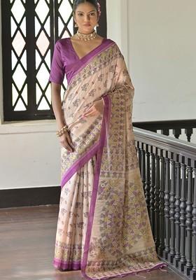 Purple Embroidered Blended Saree Set