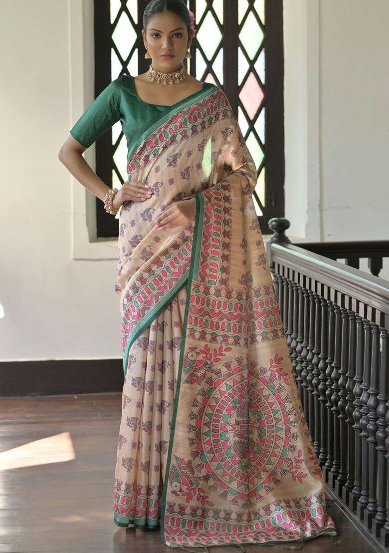 Beige Embroidered Blended Saree Set for Diwali and Festive Wear - Indya